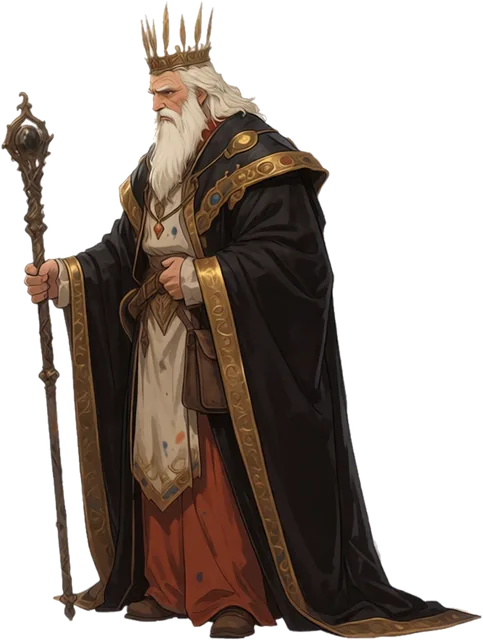 Alaric Voss, an old man with a long white beard and a gold crown, in black and gold robes with a staff.