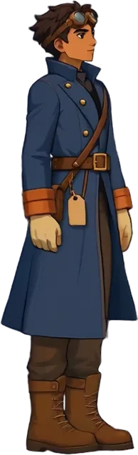 Aren, a young scholar in a long blue coat with brass buttons, goggles pushed up into his dark hair.