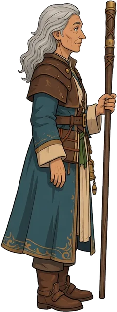 Maeve Bellweather, a silver-haired woman in a teal travelling coat, leaning on a tall staff.