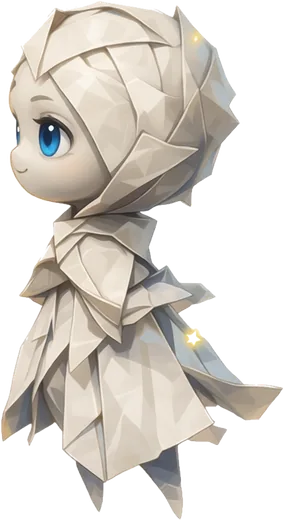Nima, a small sprite folded from white paper, with big blue eyes.