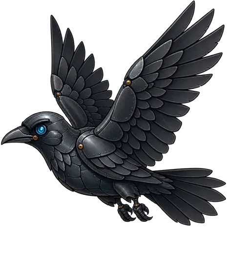 Quill, a raven made of dark brass plates, wings spread, one bright blue eye.