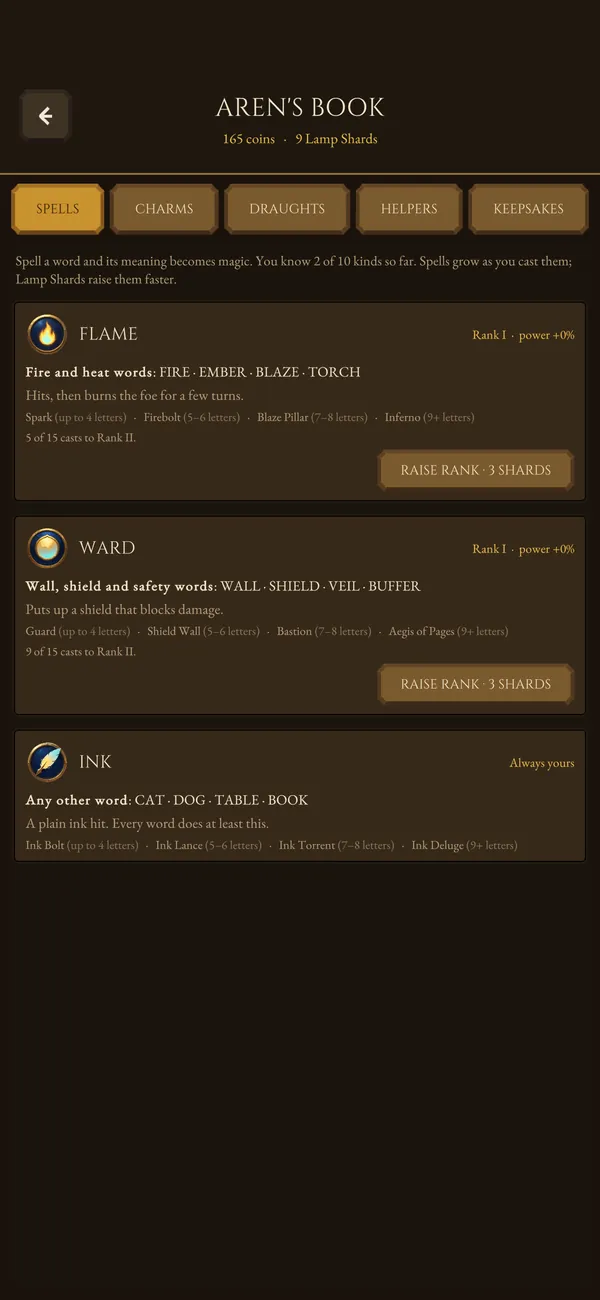 Aren's Book, Spells tab: Flame for fire and heat words, Ward for wall and shield words, and Ink for any other word.